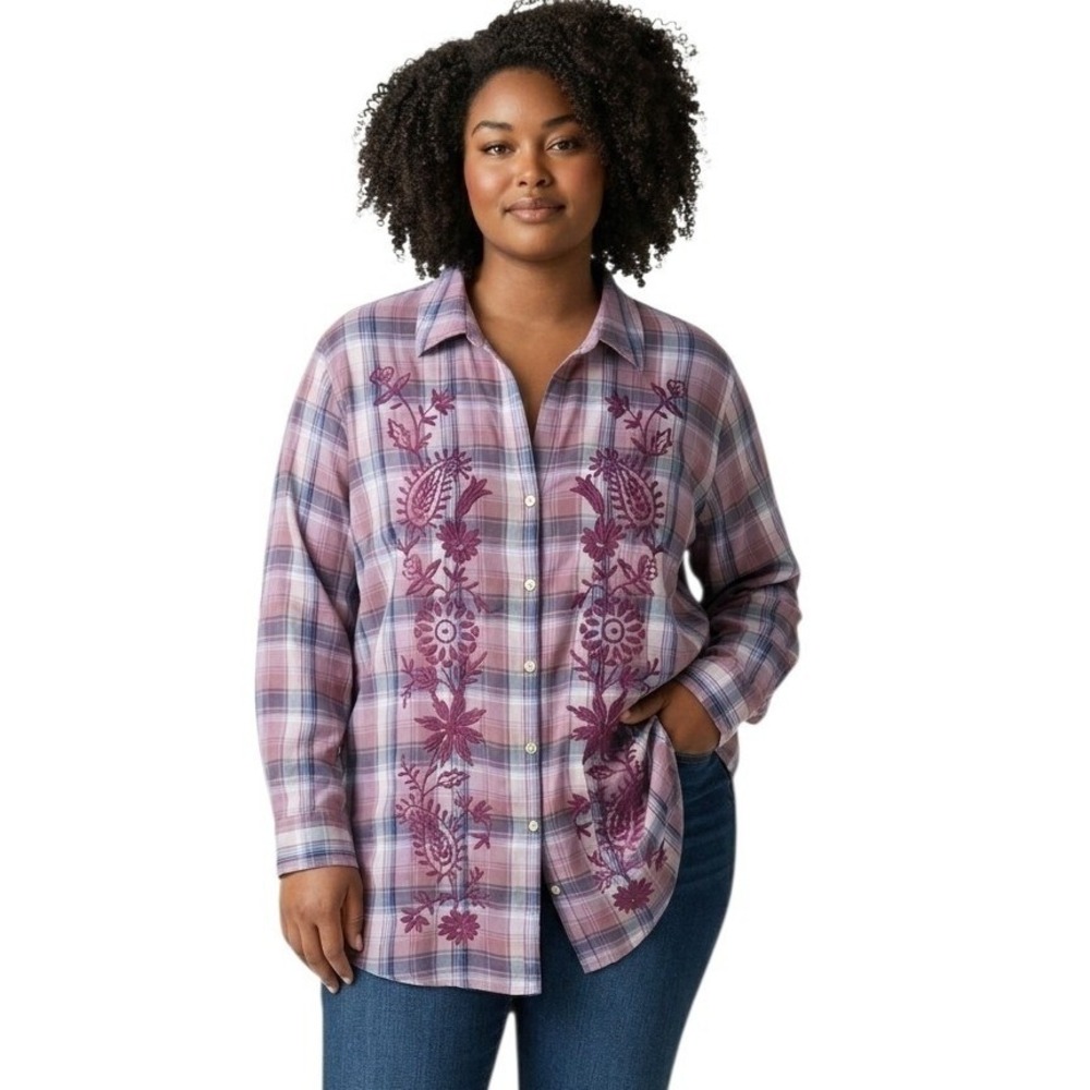 Soft Surroundings Plaid Floral Embroidered Womens Plus size 2X Button-Down Shirt